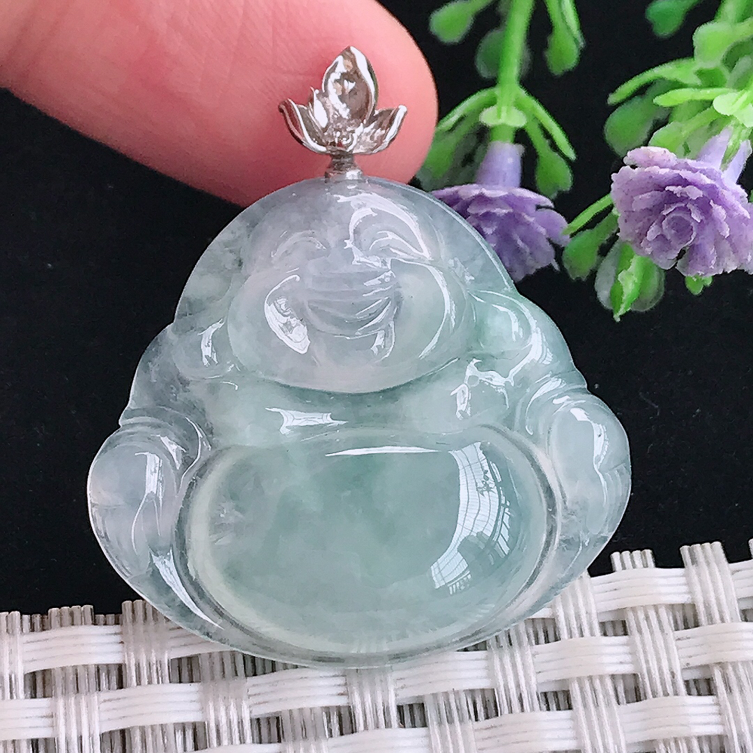 实拍A货翡翠28.8/31.2/6.2老坑18k金镶嵌冰种佛公吊坠翡翠玉牌挂件