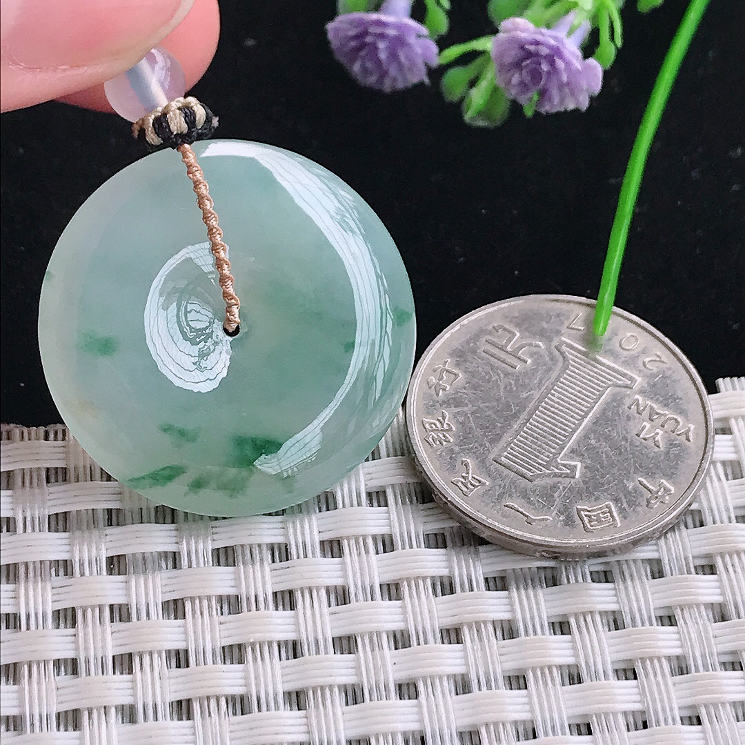 实拍A货翡翠29.7/6老坑冰胶水灵飘花平安扣吊坠翡翠玉扣挂件