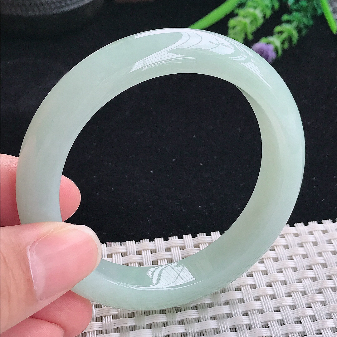 实拍A货翡翠54.5/11.6/9老坑冰润起胶冰晴绿手镯宽边玉镯平安镯美人镯