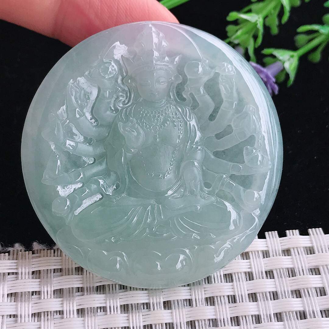 实拍A货翡翠50/5.4老坑冰胶果冻冰晴千手观音吊坠翡翠玉牌