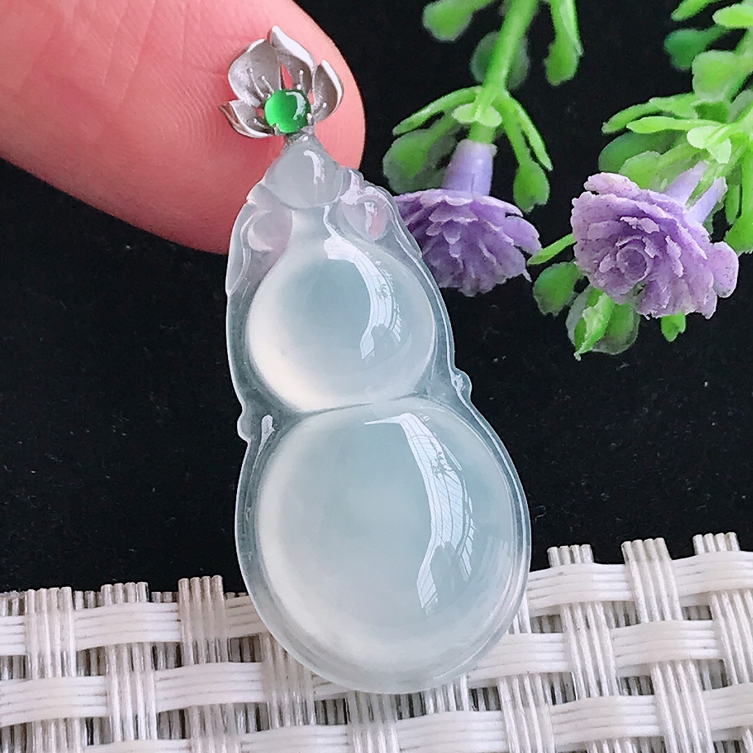 实拍A货翡翠29.7/15.8/6老坑18k金镶嵌冰种葫芦吊坠翡翠玉牌挂件