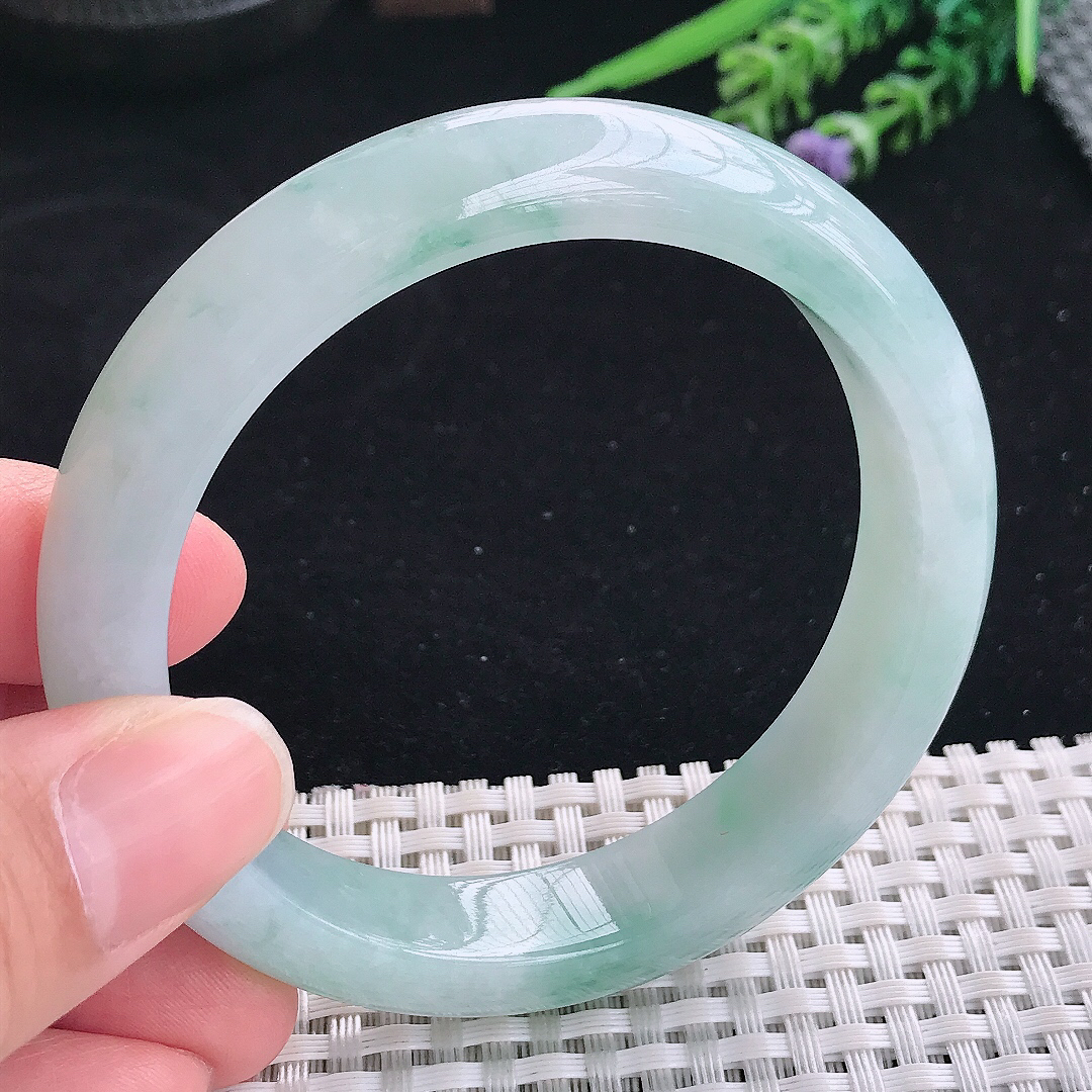 实拍A货翡翠58/12.8/8.5老坑冰润起胶飘阳绿手镯宽边玉镯平安镯美人镯