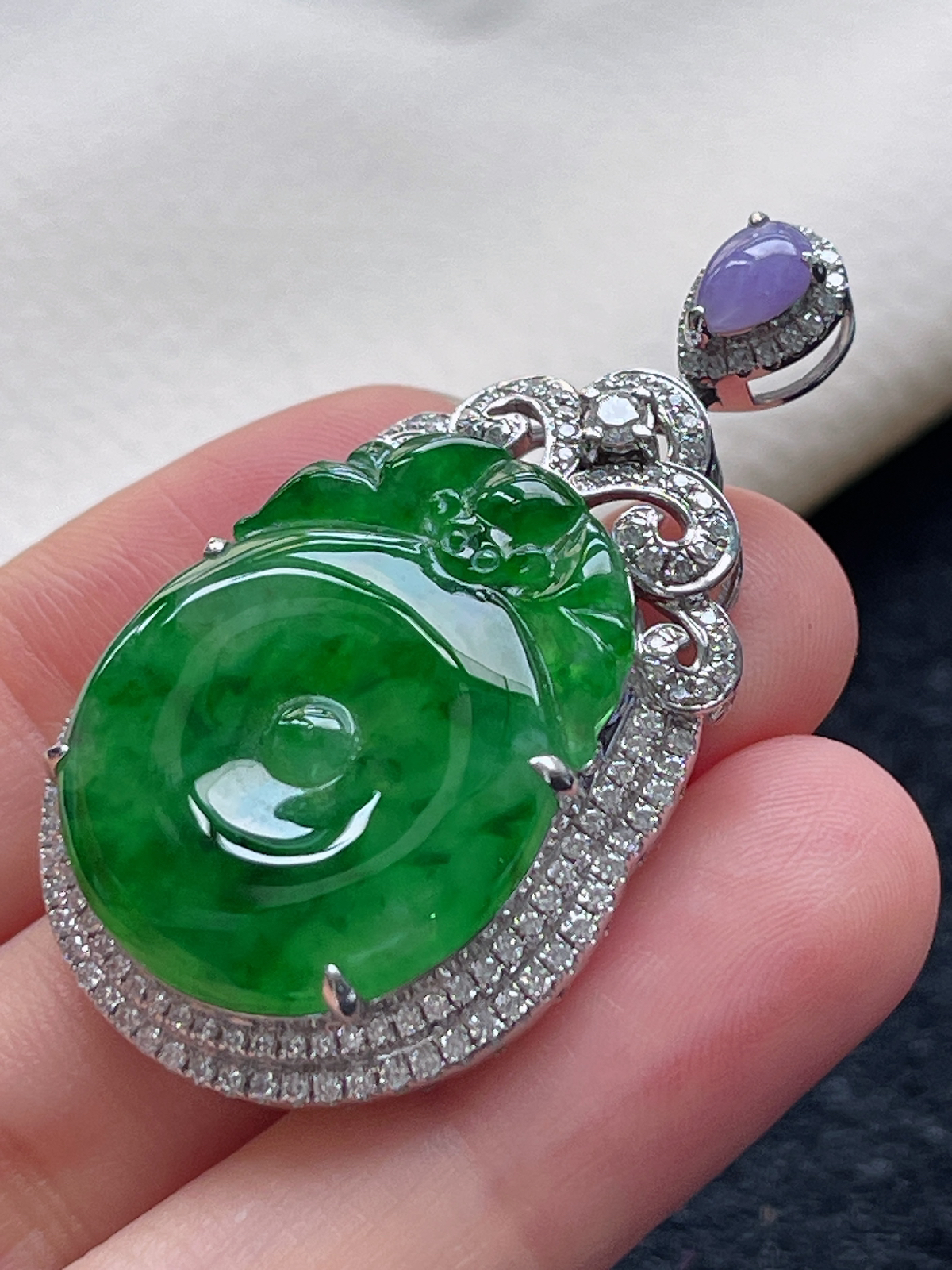 18k金翡翠冰糯种绿色福贝挂件