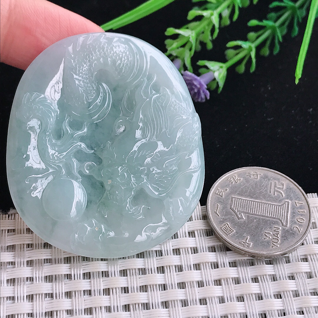 实拍A货翡翠52/45/5老坑冰胶水灵霸气龙牌吊坠翡翠玉牌挂件