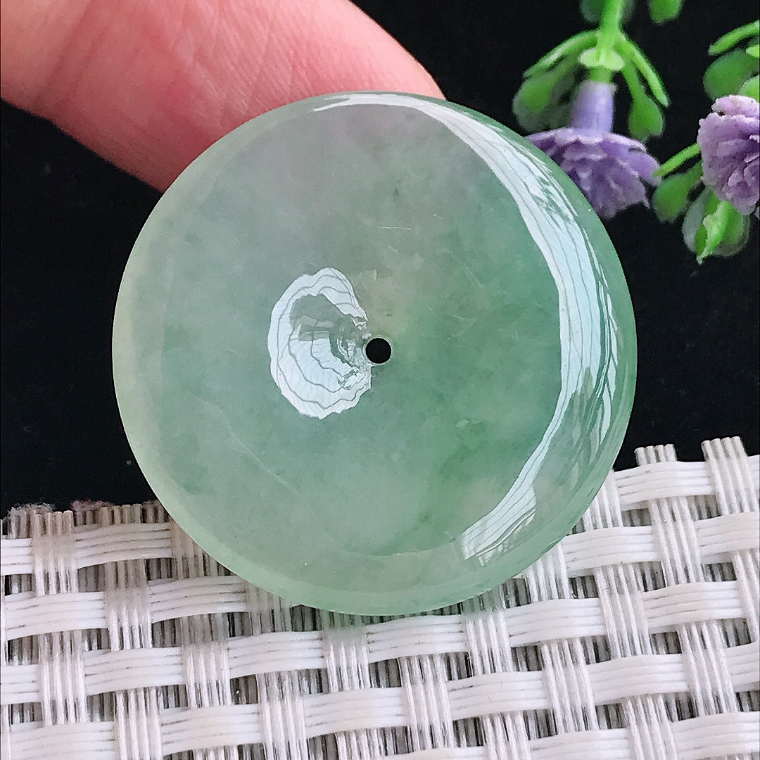 实拍A货翡翠31/5.5老坑冰胶果冻冰晴绿平安扣吊坠翡翠玉扣挂件