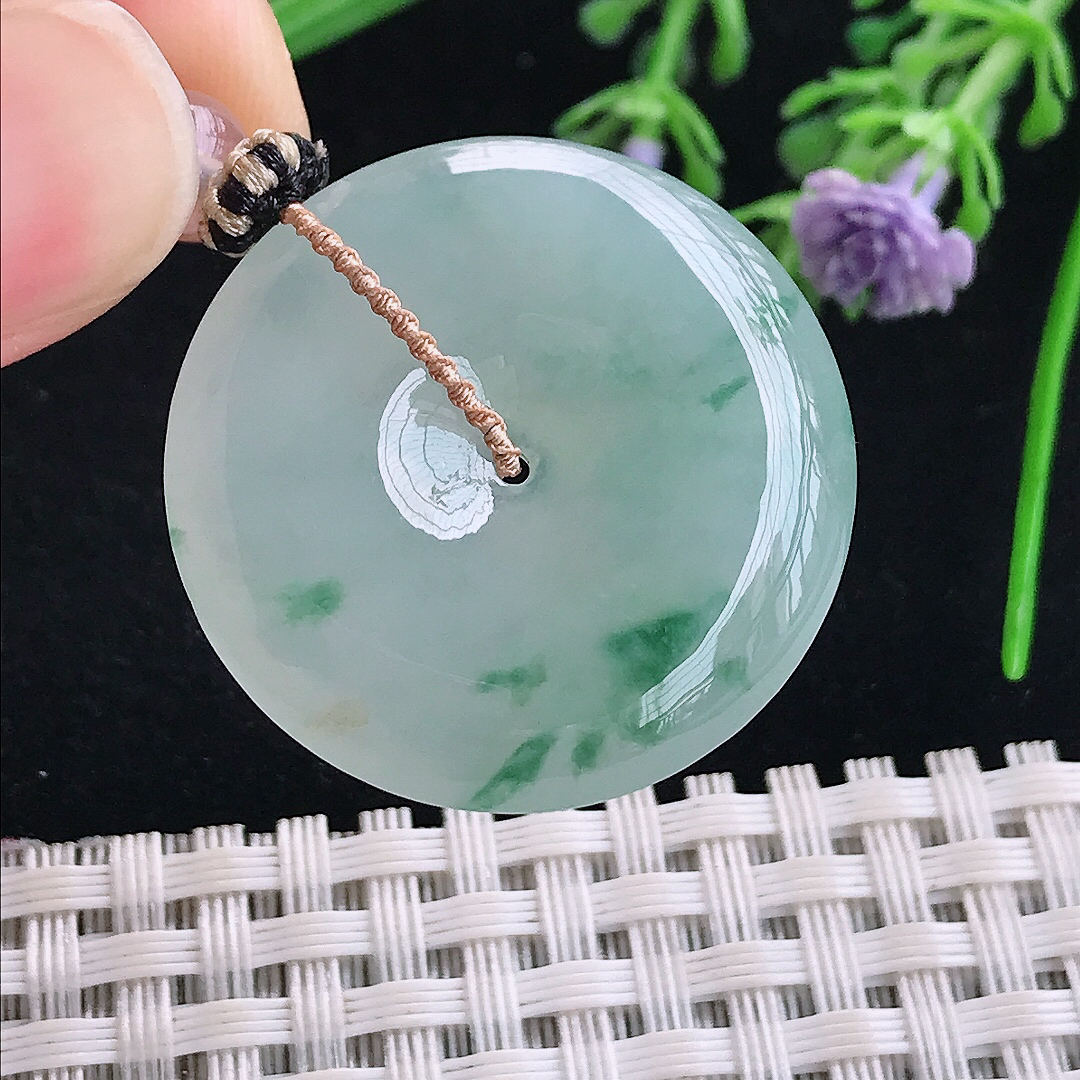 实拍A货翡翠29.7/6老坑冰胶水灵飘花平安扣吊坠翡翠玉扣挂件