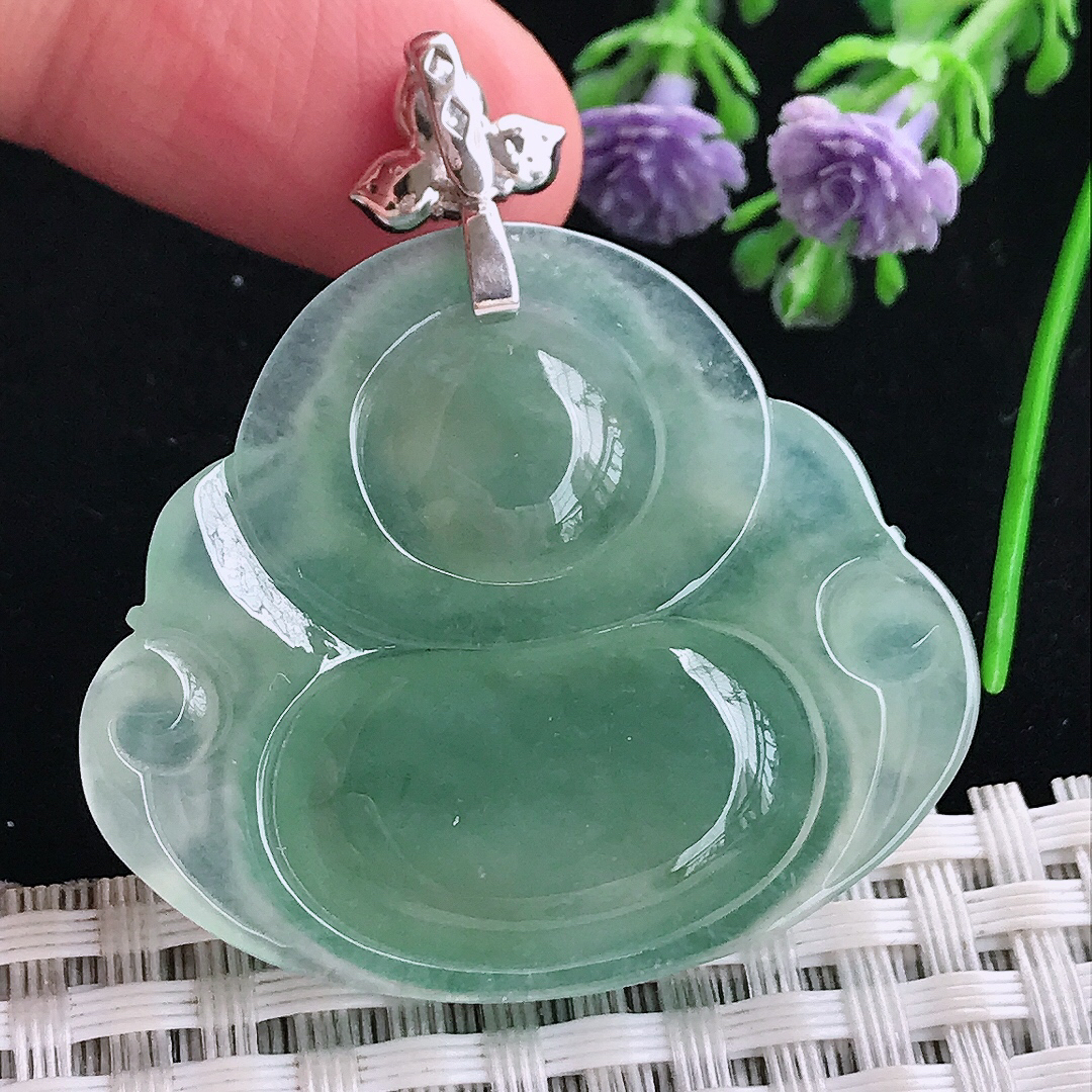 实拍A货翡翠34.7/40.2/7.2老坑冰胶果冻冰晴满绿佛公吊坠翡翠玉牌挂件