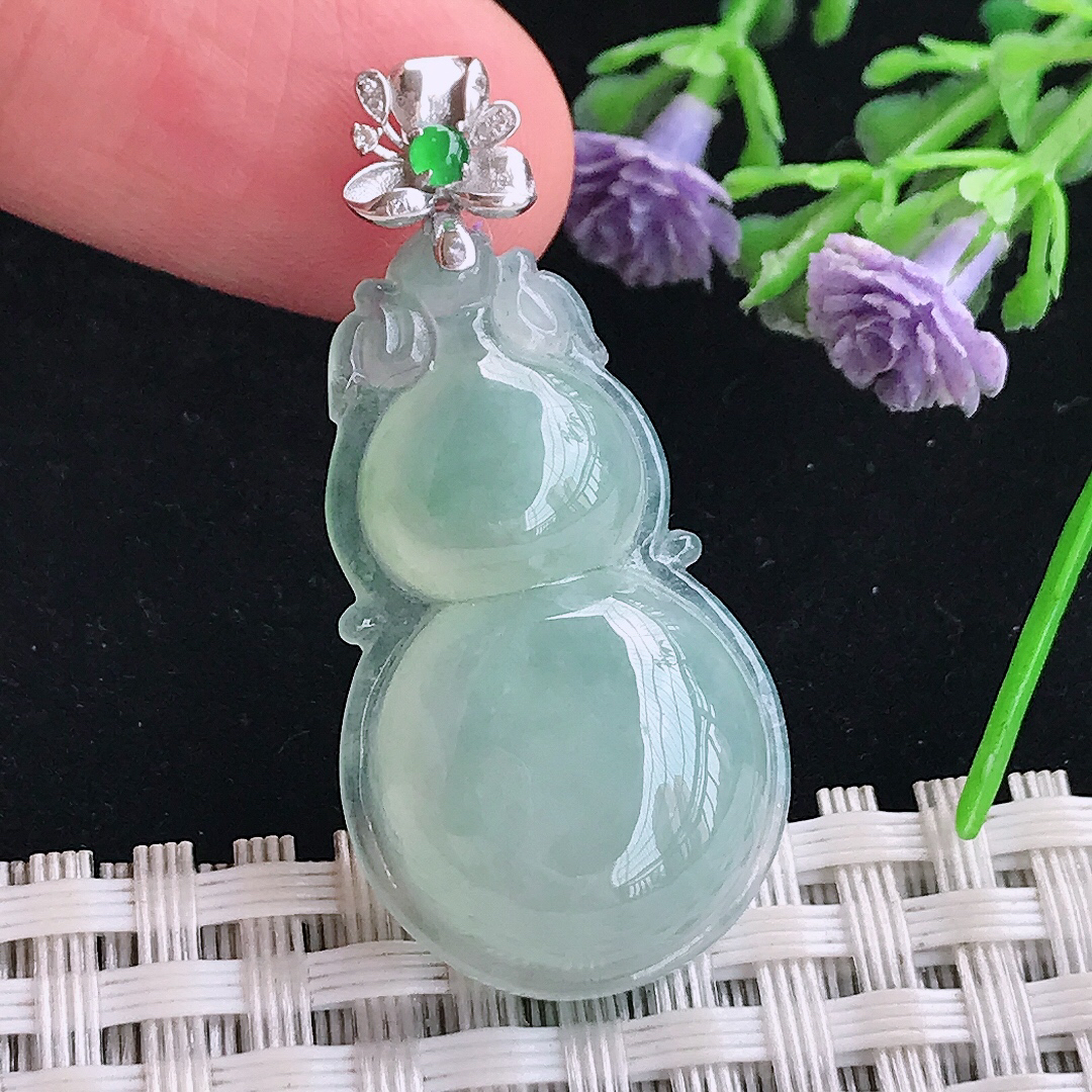 实拍A货翡翠30.6/18.5/6.5老坑18k金镶嵌冰晴葫芦吊坠翡翠玉牌挂件
