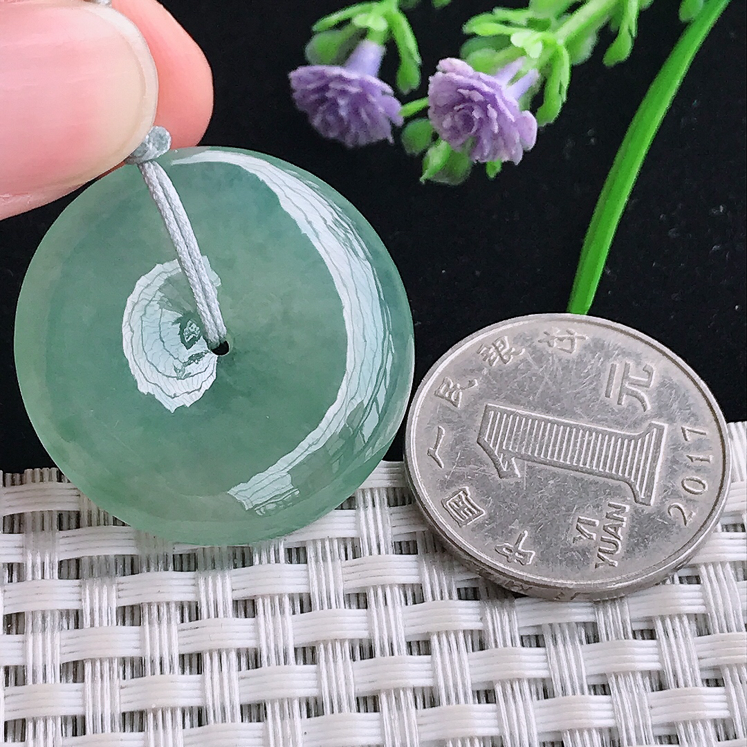 实拍A货翡翠30/5.3老坑冰纯果冻冰晴满绿平安扣吊坠翡翠玉牌挂件