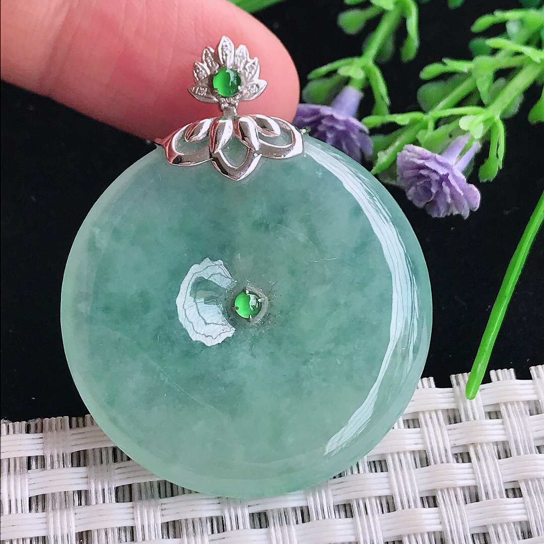 实拍A货翡翠36/5.6老坑18k金镶嵌冰晴绿平安扣吊坠翡翠玉扣挂件
