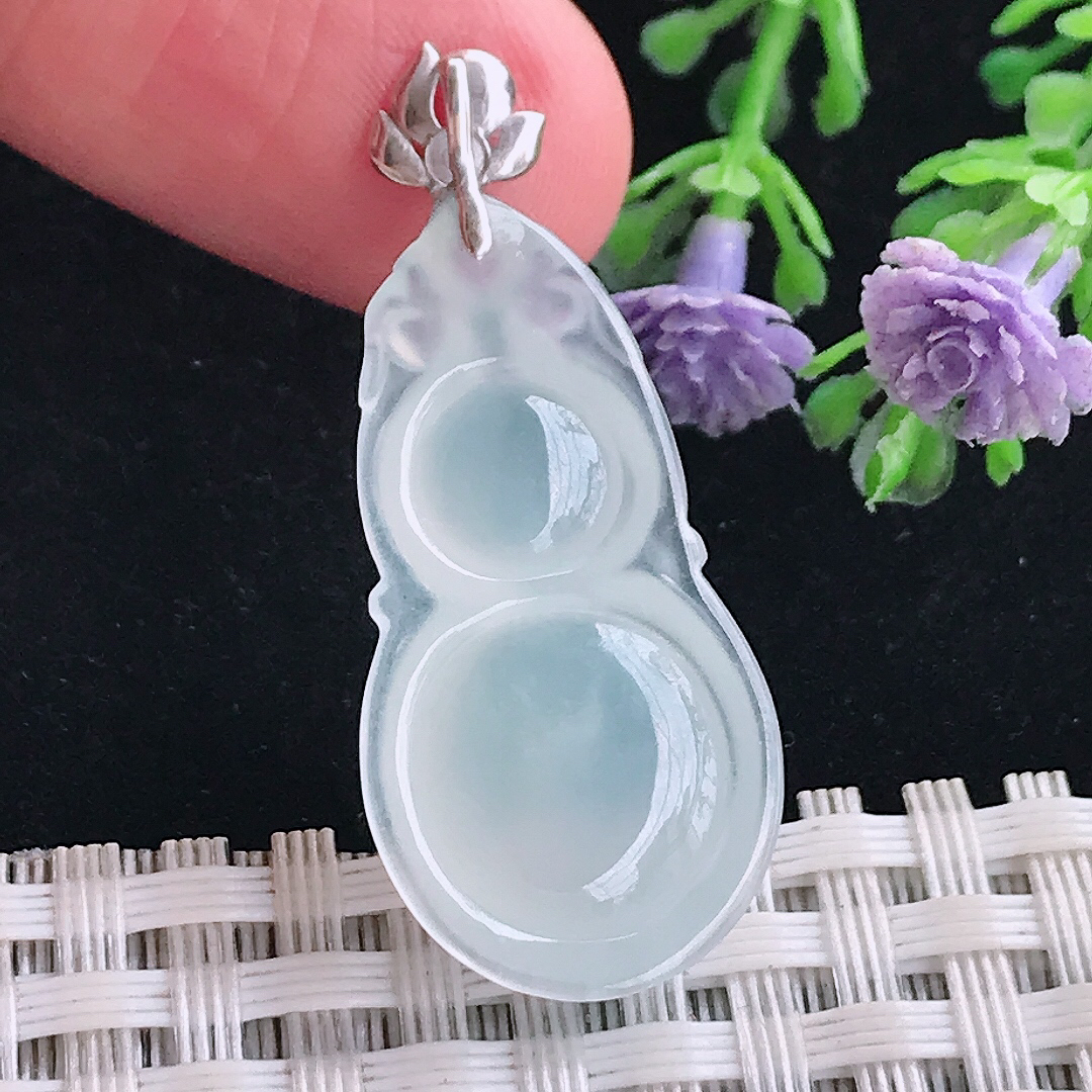 实拍A货翡翠29.7/15.8/6老坑18k金镶嵌冰种葫芦吊坠翡翠玉牌挂件