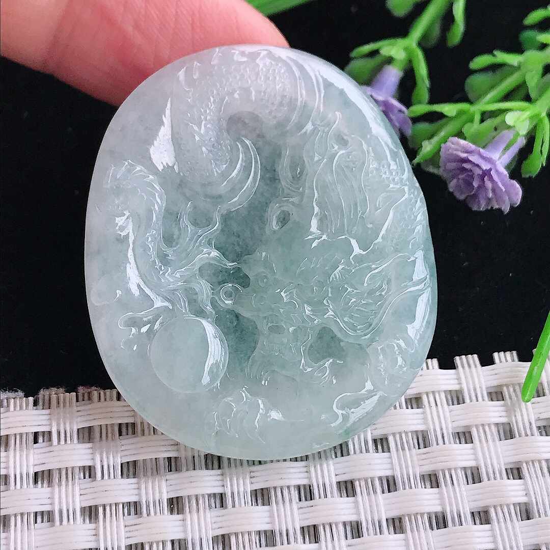 实拍A货翡翠42/34.8/4.6老坑冰润起胶龙牌吊坠翡翠玉牌挂件