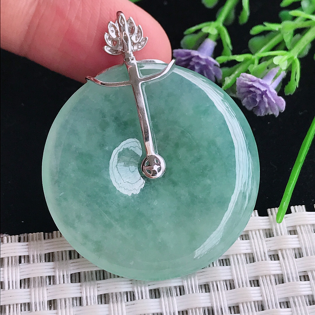 实拍A货翡翠36/5.6老坑18k金镶嵌冰晴绿平安扣吊坠翡翠玉扣挂件