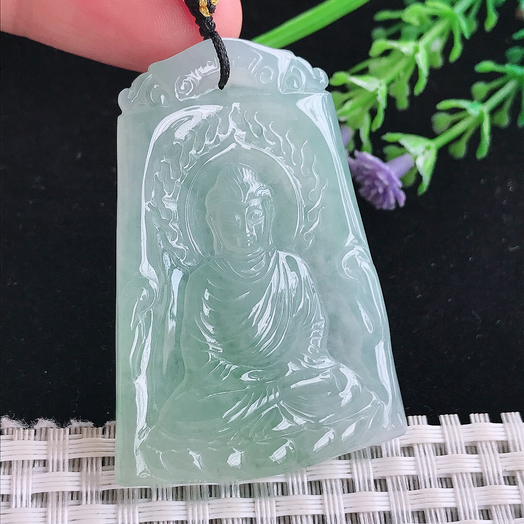 实拍A货翡翠52/36.5/4.8老坑冰胶果冻冰晴如来佛祖吊坠翡翠玉佛牌挂件