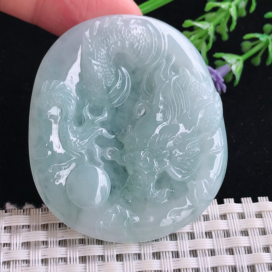 实拍A货翡翠52/45/5老坑冰胶水灵霸气龙牌吊坠翡翠玉牌挂件