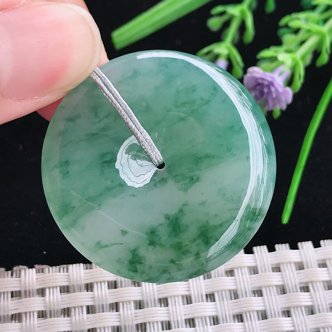 实拍A货翡翠35.8/5.7老坑冰胶果冻冰飘花平安扣吊坠翡翠玉扣挂件