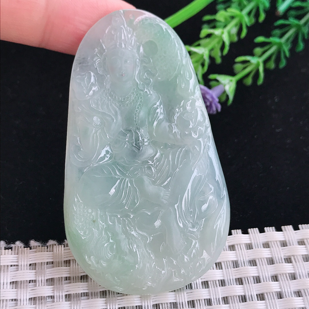 实拍A货翡翠66/40/5.5老坑冰胶水灵冰晴渡母菩萨吊坠翡翠玉牌挂件