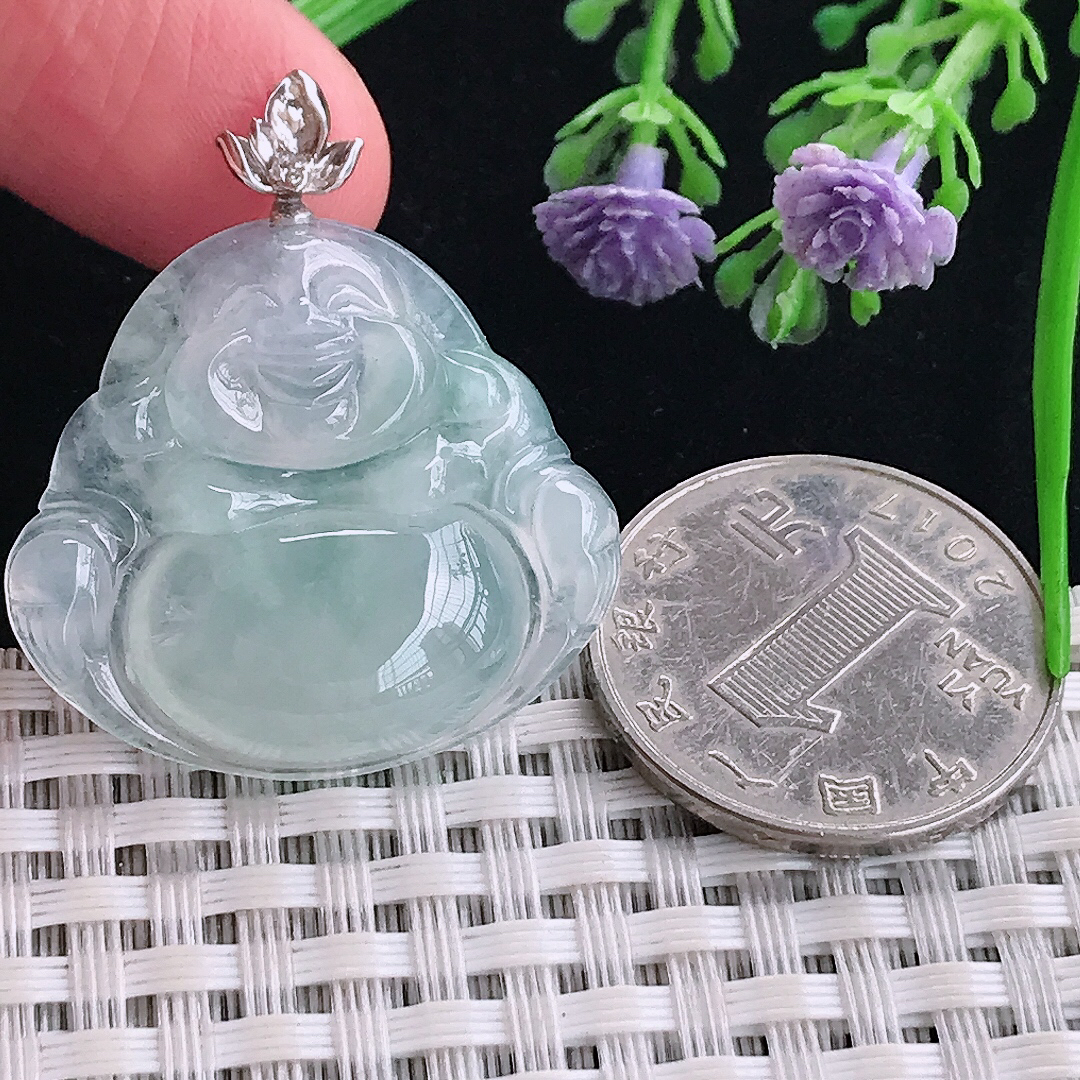 实拍A货翡翠28.8/31.2/6.2老坑18k金镶嵌冰种佛公吊坠翡翠玉牌挂件