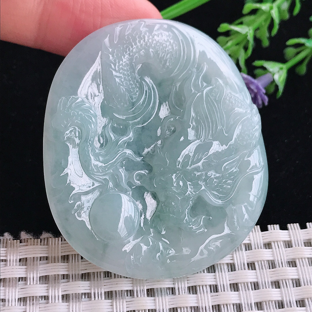 实拍A货翡翠52/45/5老坑冰胶水灵霸气龙牌吊坠翡翠玉牌挂件