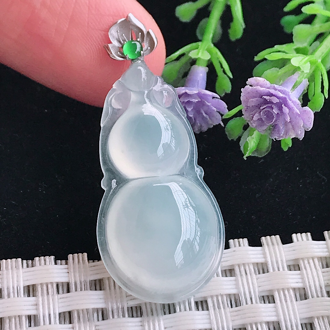 实拍A货翡翠29.7/15.8/6老坑18k金镶嵌冰种葫芦吊坠翡翠玉牌挂件