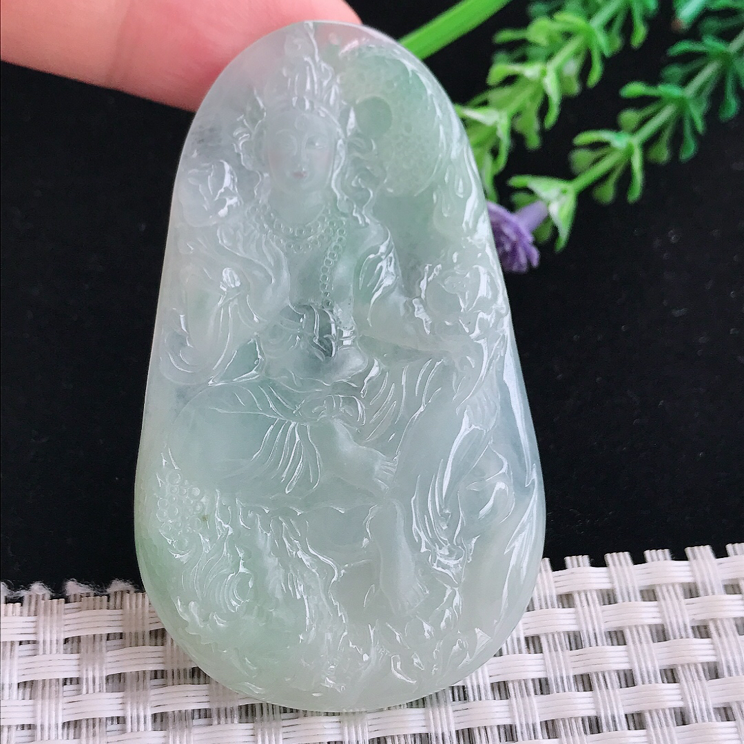 实拍A货翡翠66/40/5.5老坑冰胶水灵冰晴渡母菩萨吊坠翡翠玉牌挂件