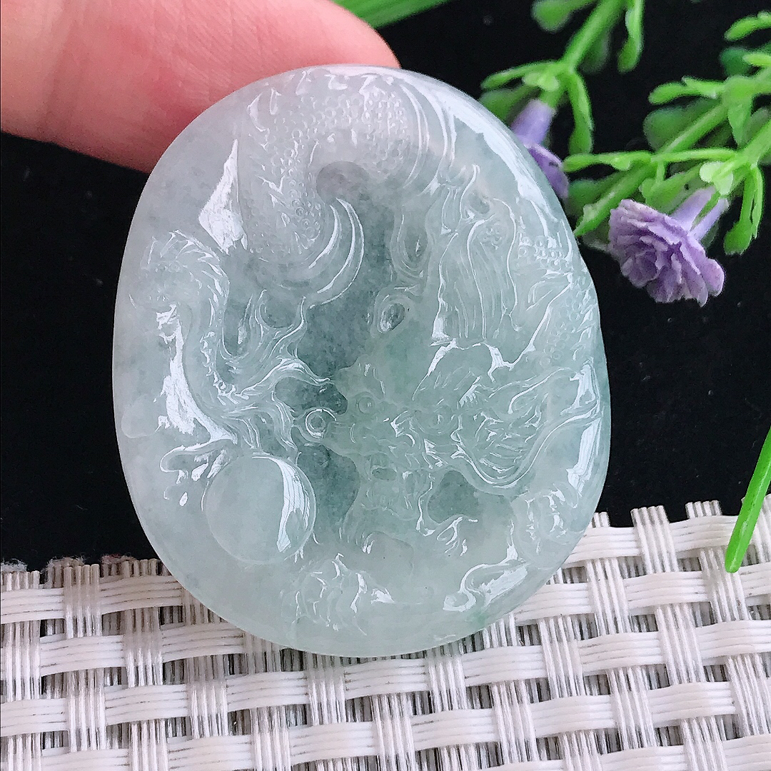 实拍A货翡翠42/34.8/4.6老坑冰润起胶龙牌吊坠翡翠玉牌挂件