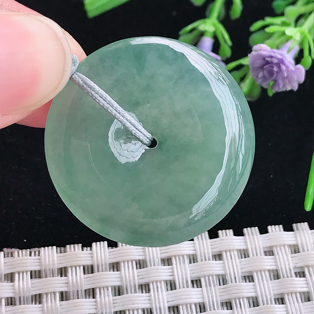 实拍A货翡翠30/5.3老坑冰纯果冻冰晴满绿平安扣吊坠翡翠玉牌挂件