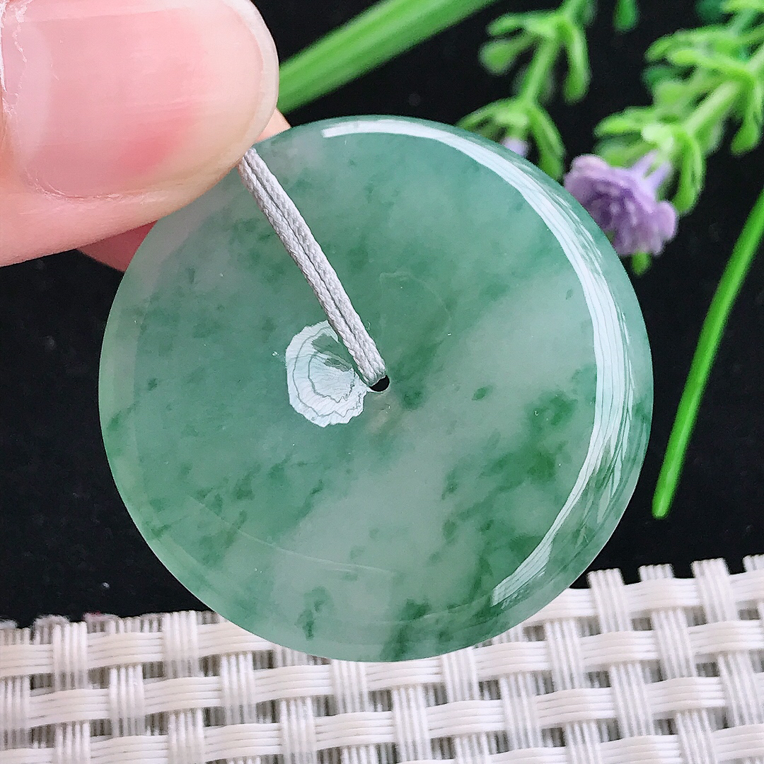 实拍A货翡翠35.8/5.7老坑冰胶果冻冰飘花平安扣吊坠翡翠玉扣挂件