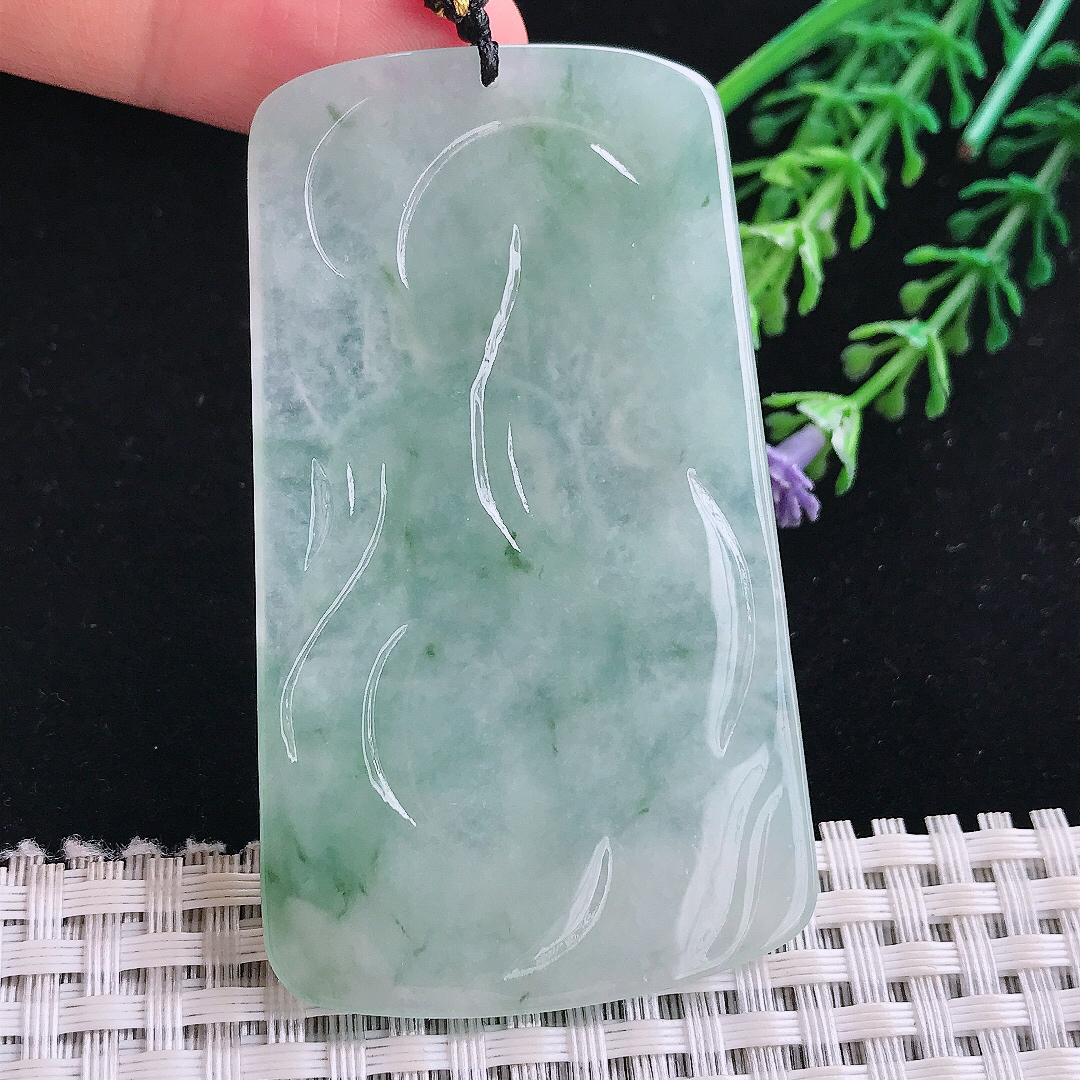 实拍A货翡翠66/38.8/5.3老坑冰透果冻胶冰晴绿普贤菩萨吊坠翡翠玉牌挂件