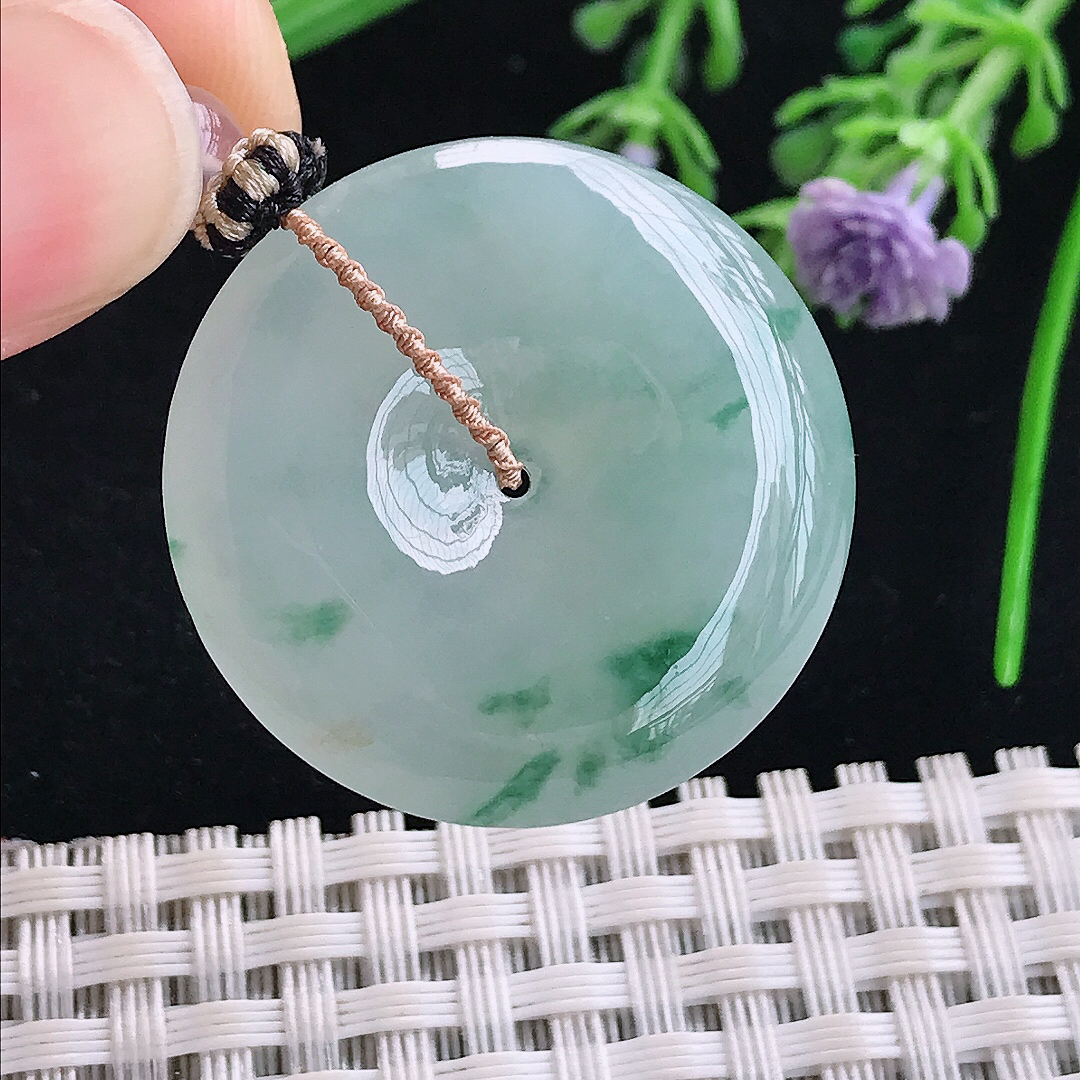 实拍A货翡翠29.7/6老坑冰胶水灵飘花平安扣吊坠翡翠玉扣挂件