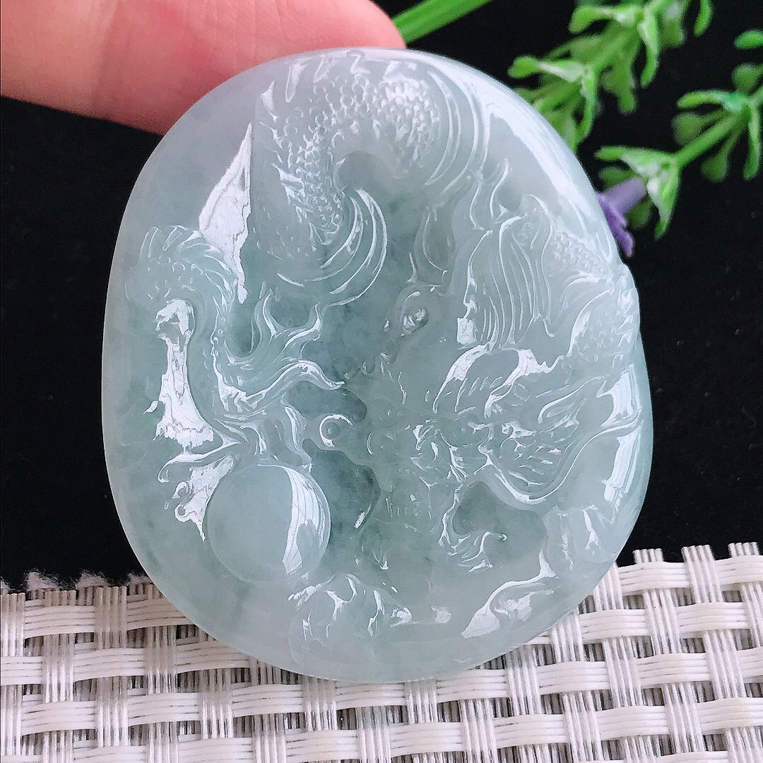 实拍A货翡翠52/45/5老坑冰胶水灵霸气龙牌吊坠翡翠玉牌挂件