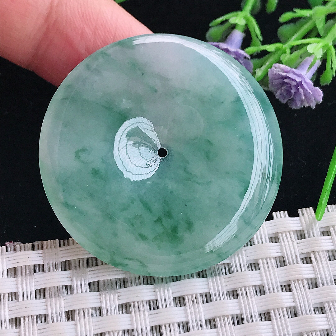 实拍A货翡翠38/6老坑冰润起胶冰飘花平安扣吊坠翡翠玉牌挂件