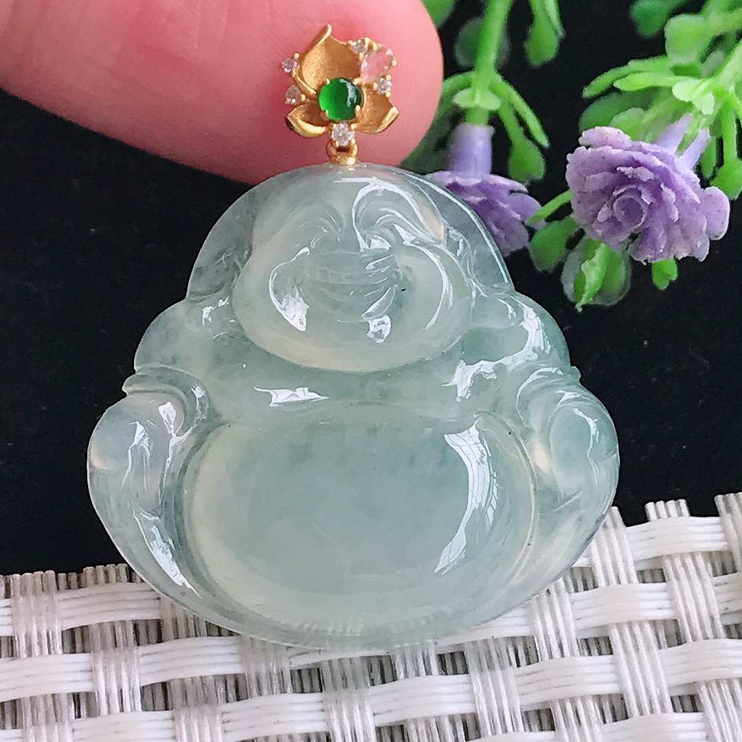 实拍A货翡翠27.6/30/5.8老坑18k金镶嵌起胶冰晴佛公吊坠翡翠玉牌挂件