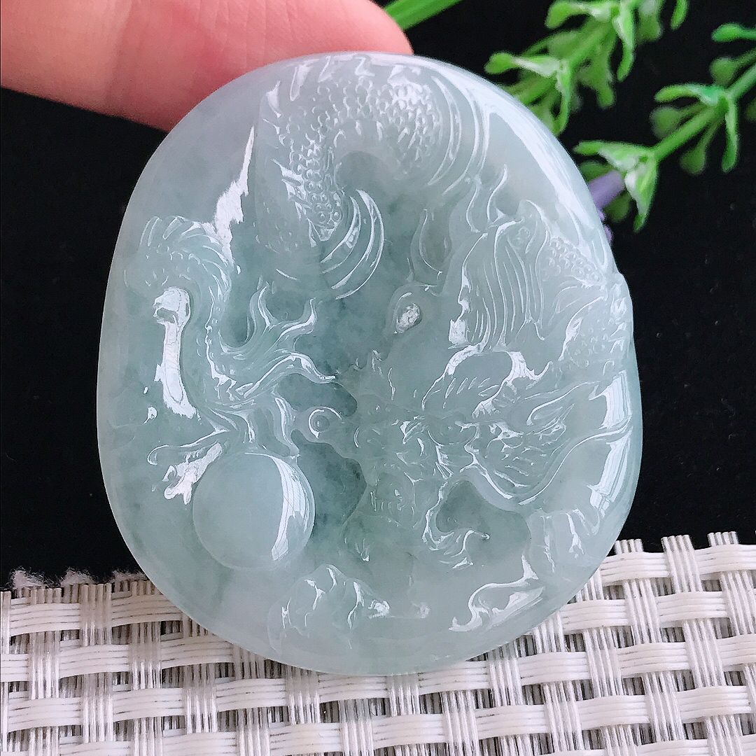 实拍A货翡翠52/45/5老坑冰胶水灵霸气龙牌吊坠翡翠玉牌挂件