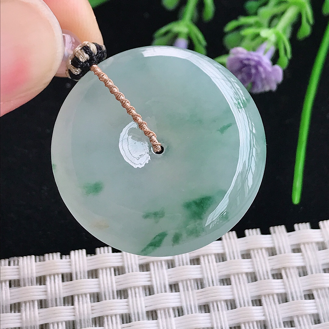 实拍A货翡翠29.7/6老坑冰胶水灵飘花平安扣吊坠翡翠玉扣挂件