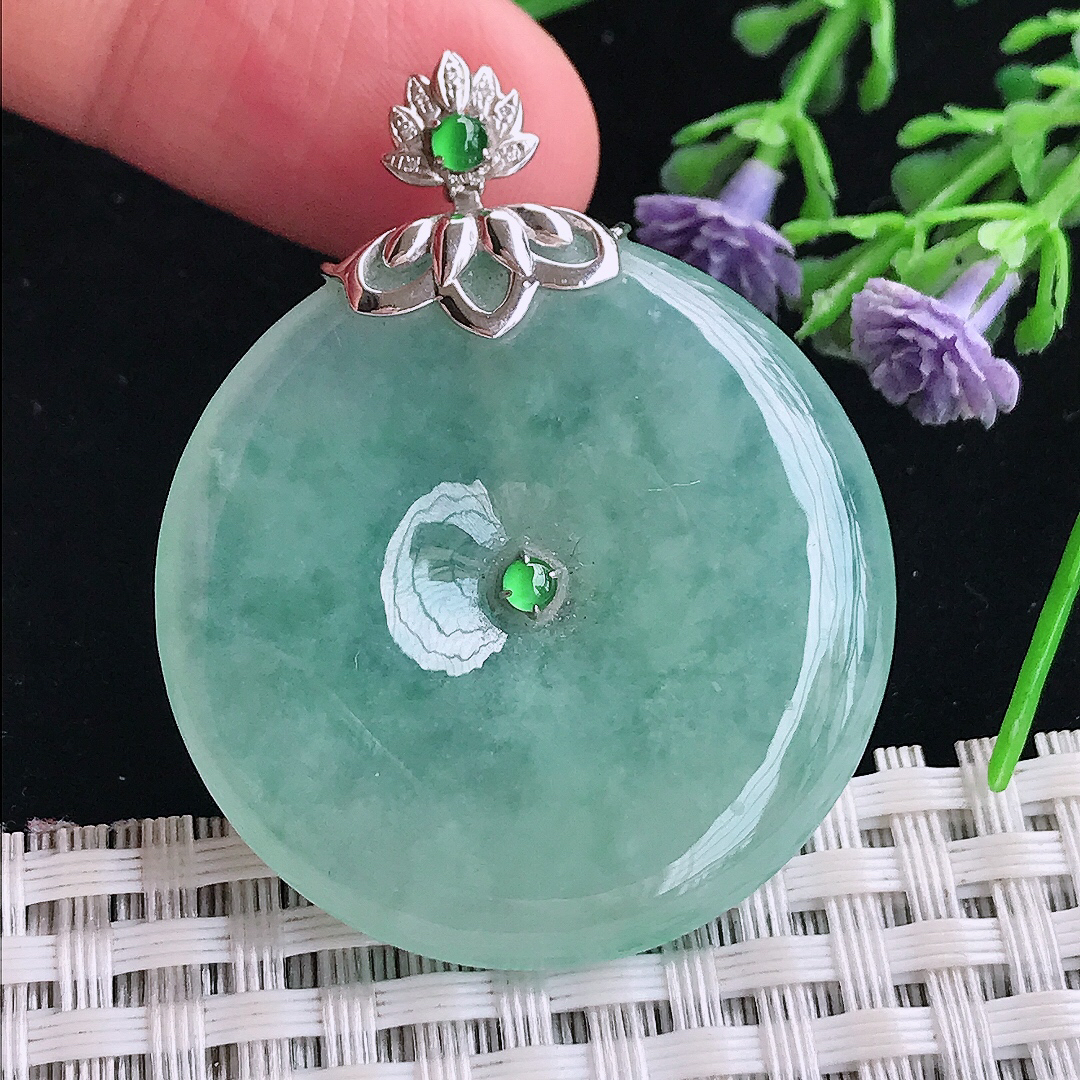 实拍A货翡翠36/5.6老坑18k金镶嵌冰晴绿平安扣吊坠翡翠玉扣挂件