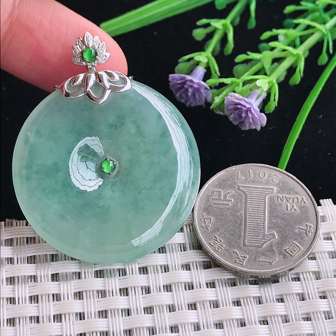 实拍A货翡翠36/5.6老坑18k金镶嵌冰晴绿平安扣吊坠翡翠玉扣挂件