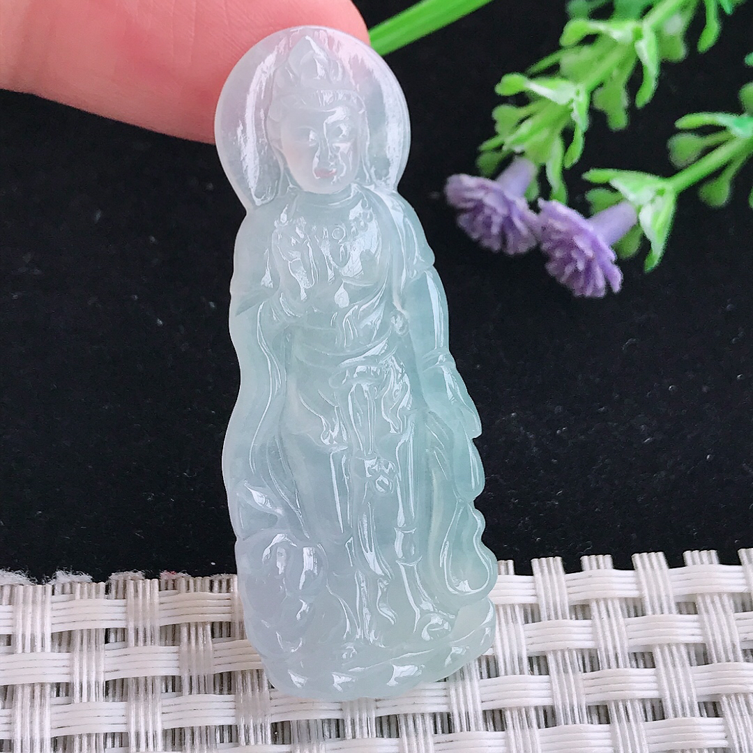 实拍A货翡翠50/20.3/4.6小观音老坑冰胶果冻赐福观音吊坠翡翠玉牌挂件