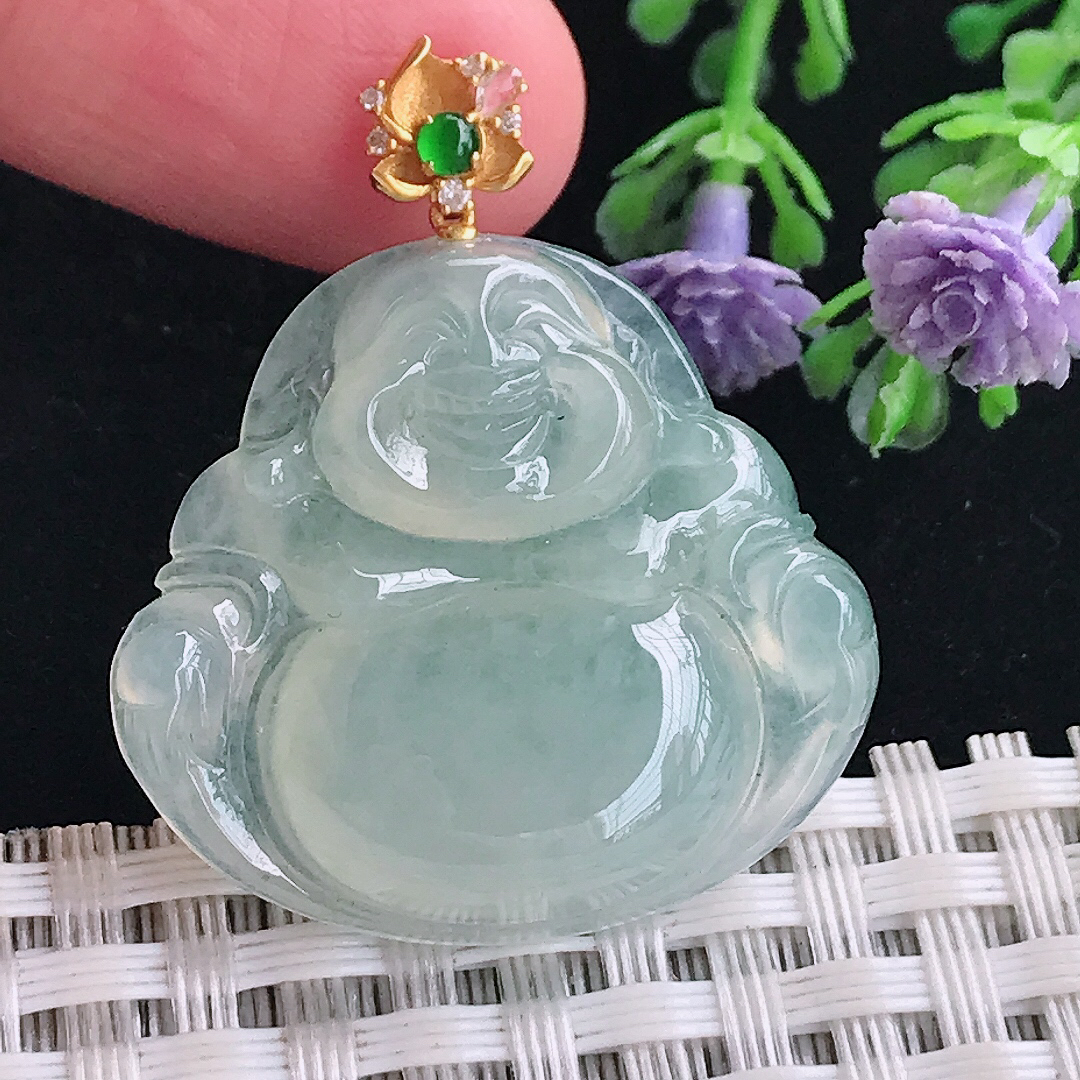 实拍A货翡翠27.6/30/5.8老坑18k金镶嵌起胶冰晴佛公吊坠翡翠玉牌挂件