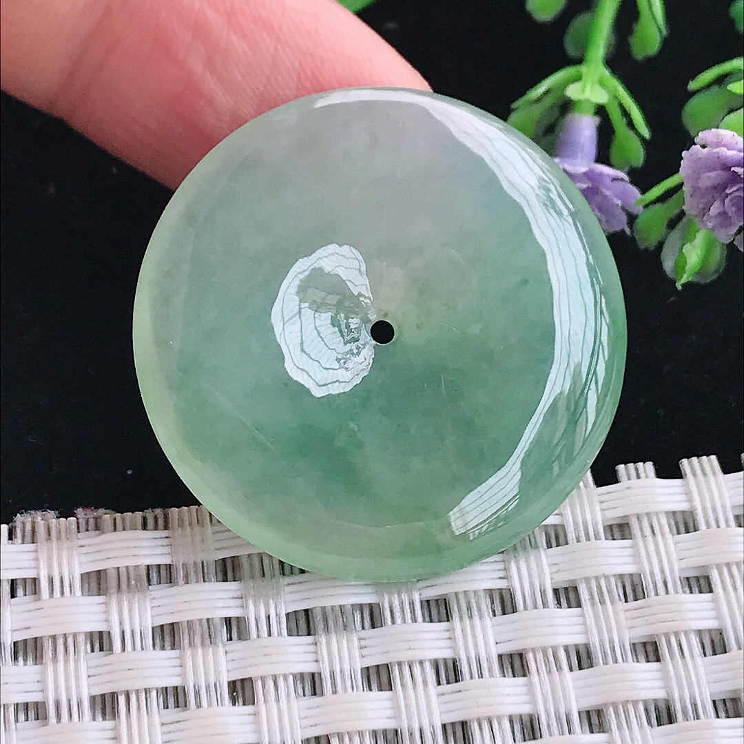 实拍A货翡翠31/5.5老坑冰胶果冻冰晴绿平安扣吊坠翡翠玉扣挂件