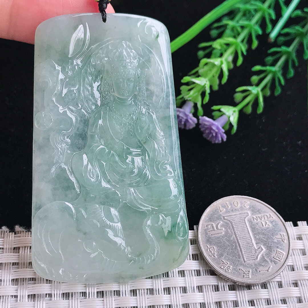 实拍A货翡翠66/38.8/5.3老坑冰透果冻胶冰晴绿普贤菩萨吊坠翡翠玉牌挂件