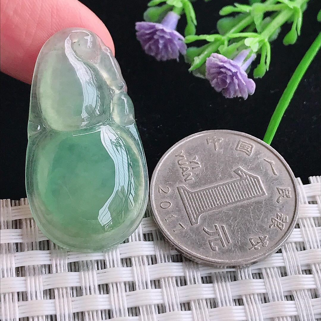 实拍A货翡翠36.3/19.6/5.2老坑冰种起胶满绿葫芦吊坠翡翠玉牌挂件