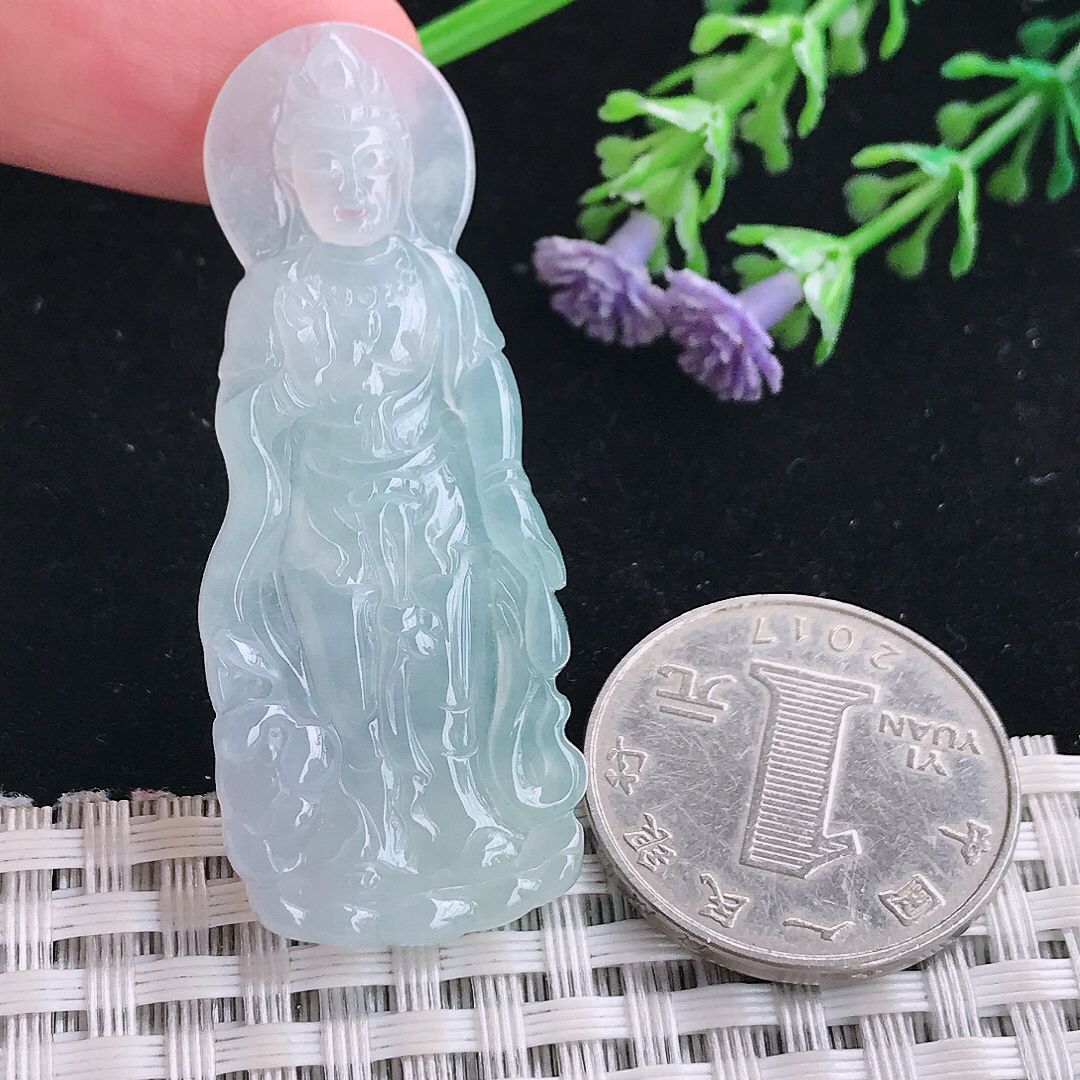 实拍A货翡翠50/20.3/4.6小观音老坑冰胶果冻赐福观音吊坠翡翠玉牌挂件