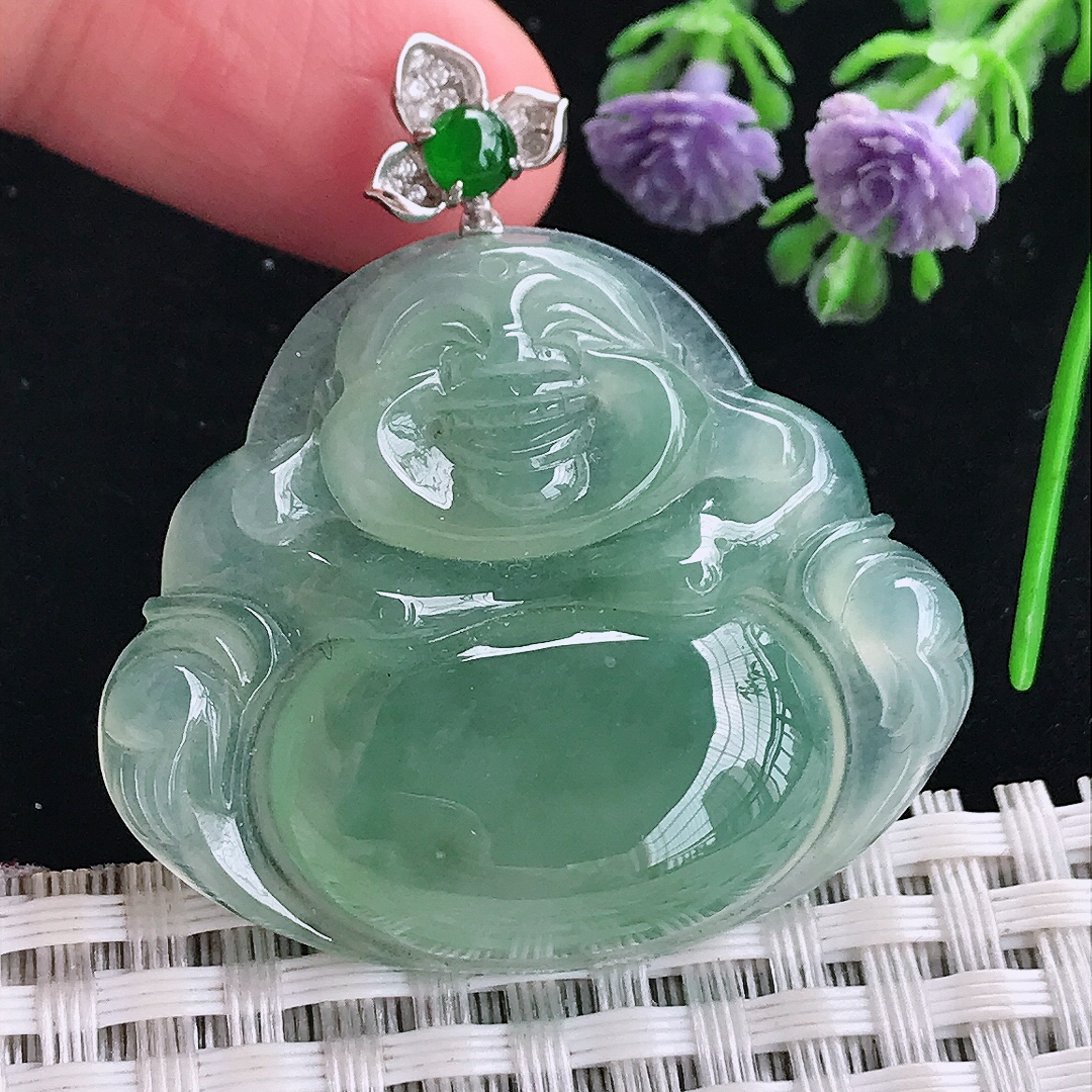 实拍A货翡翠34.7/40.2/7.2老坑冰胶果冻冰晴满绿佛公吊坠翡翠玉牌挂件