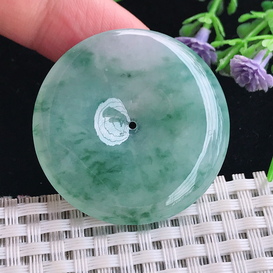 实拍A货翡翠38/6老坑冰润起胶冰飘花平安扣吊坠翡翠玉牌挂件