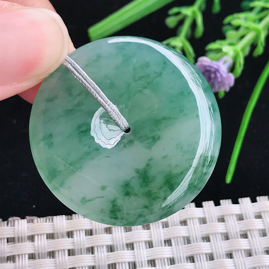 实拍A货翡翠35.8/5.7老坑冰胶果冻冰飘花平安扣吊坠翡翠玉扣挂件