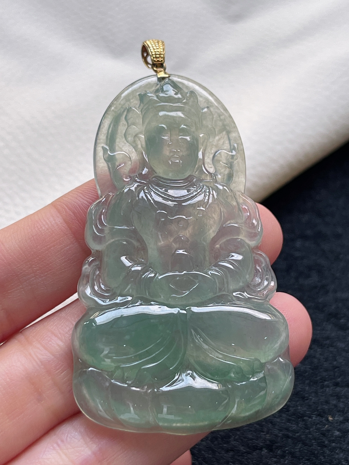 18k金 翡翠冰糯种浅绿色吊坠