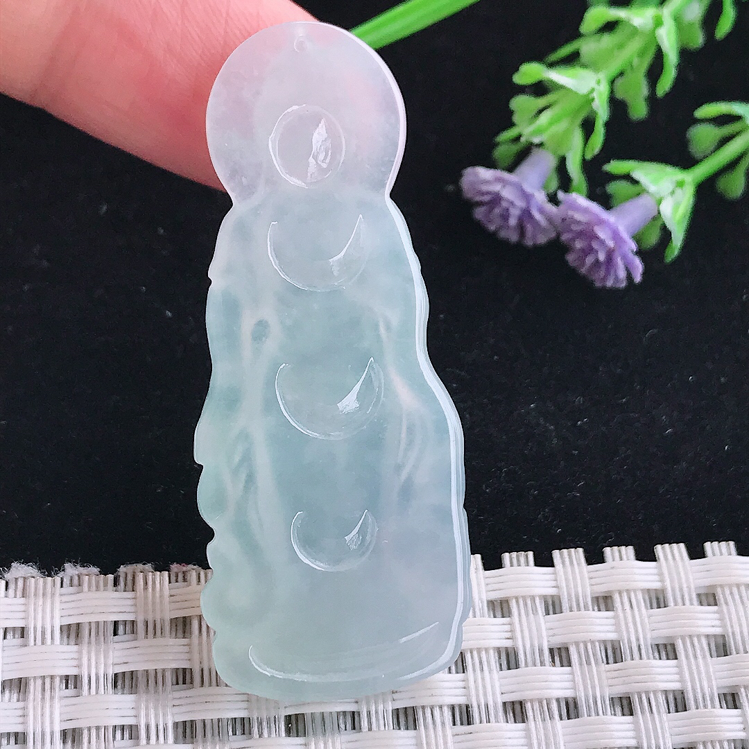 实拍A货翡翠50/20.3/4.6小观音老坑冰胶果冻赐福观音吊坠翡翠玉牌挂件