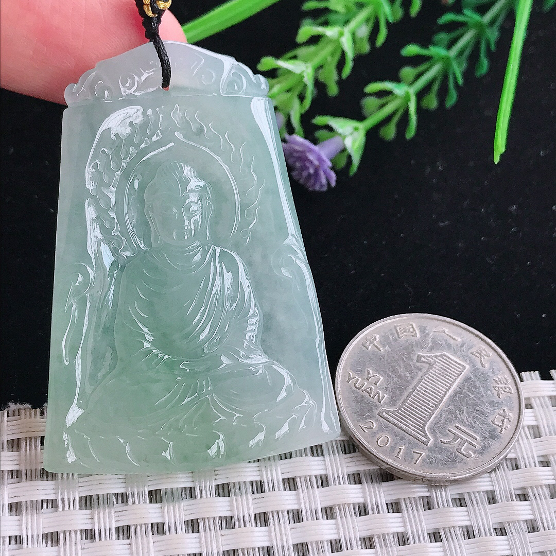 实拍A货翡翠52/36.5/4.8老坑冰胶果冻冰晴如来佛祖吊坠翡翠玉佛牌挂件