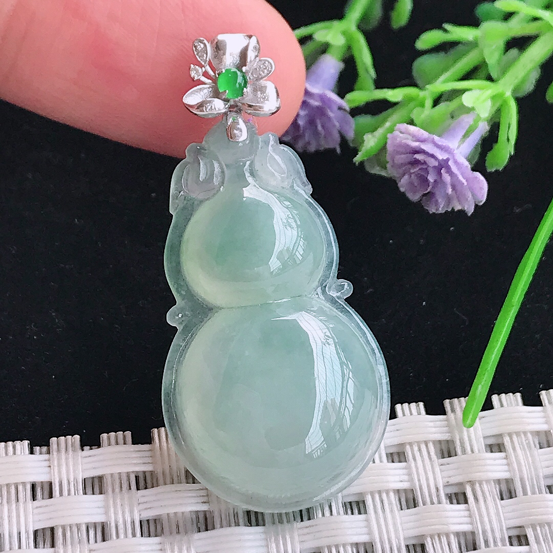 实拍A货翡翠30.6/18.5/6.5老坑18k金镶嵌冰晴葫芦吊坠翡翠玉牌挂件
